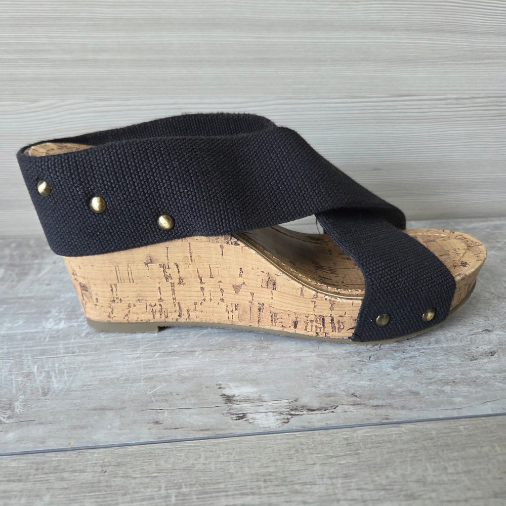 Esprit Womens 7 Black Canvas Studded Cork Wedge Platform Sandals Y2K Boho Slides